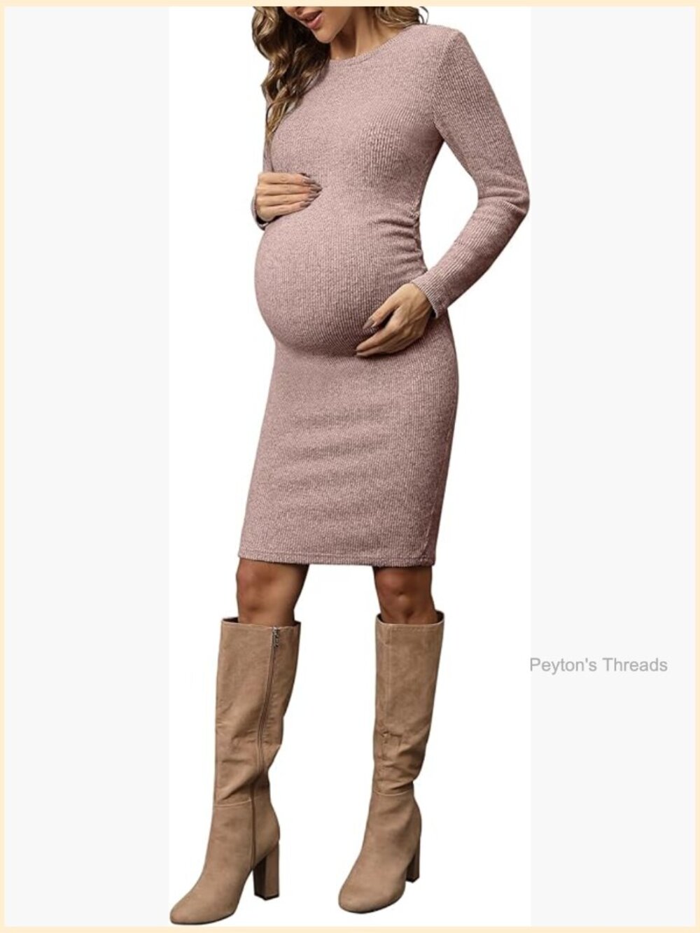 Side Ruch Knit Ribbed Maternity Bodycon Dress Long Sleeve Midi